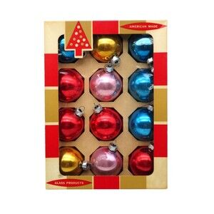 Vintage Coby Glass Ball Christmas Ornaments Box of 12 Multi Color